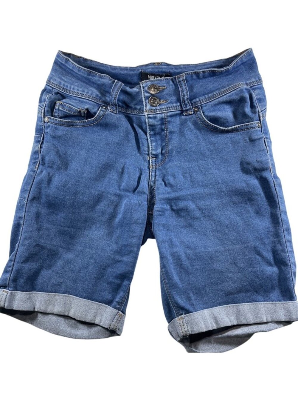 Forever 21 Womens Size Small Blue Denim Bermuda Shorts With Cuffed Hem & Double